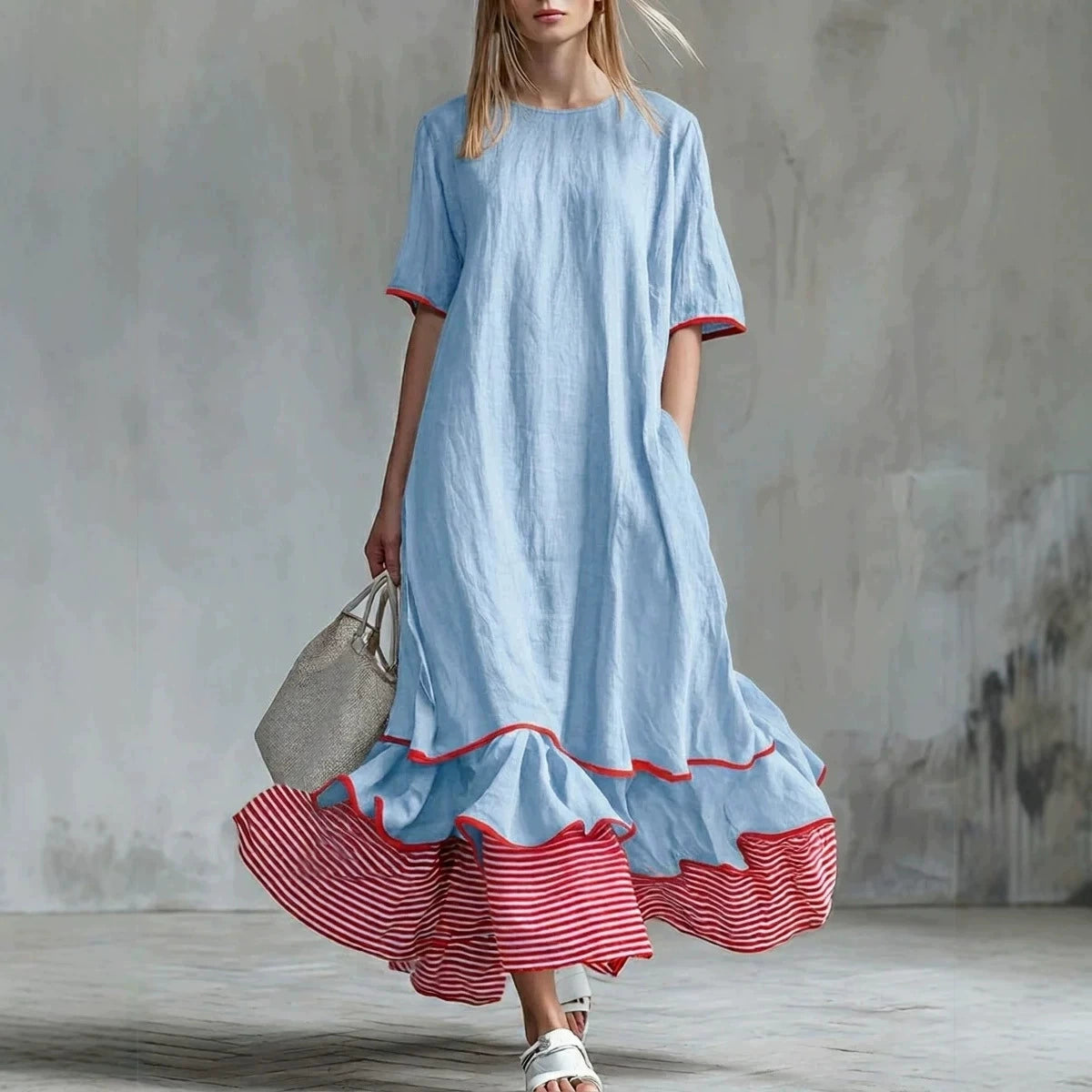 Linen Piping Stripe Ruffle Hem Loose Maxi Dress