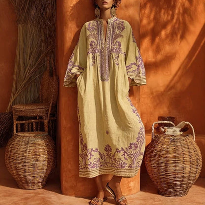 Premium Embroidered Linen-Blend Kaftan Maxi Dress