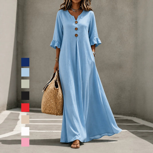 V-Neck Ruffle Sleeve Linen Maxi Dress