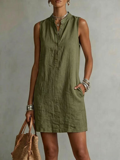 Sleeveless Linen Button-Front Mini Dress