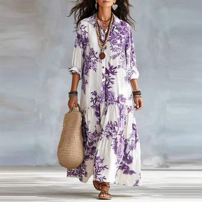 Botanical Floral Print Linen Tiered Shirt Maxi Dress