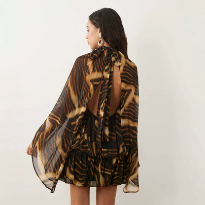 Tiger Print High‑Neck Cape‑Sleeve Tiered Chiffon Mini Dress