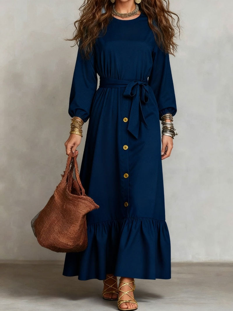 Button‑Front Tie‑Waist Tiered Ruffle Maxi Dress