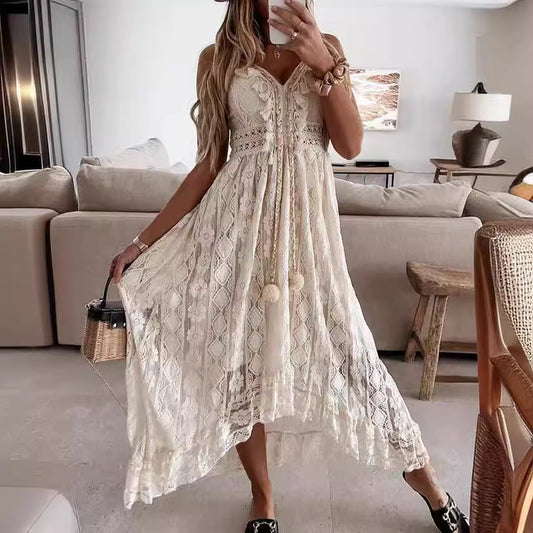 Scalloped Lace Spaghetti Strap High Low Flowy Maxi Dress