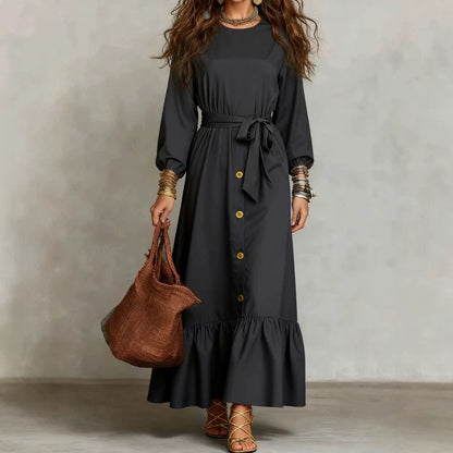Button‑Front Tie‑Waist Tiered Ruffle Maxi Dress