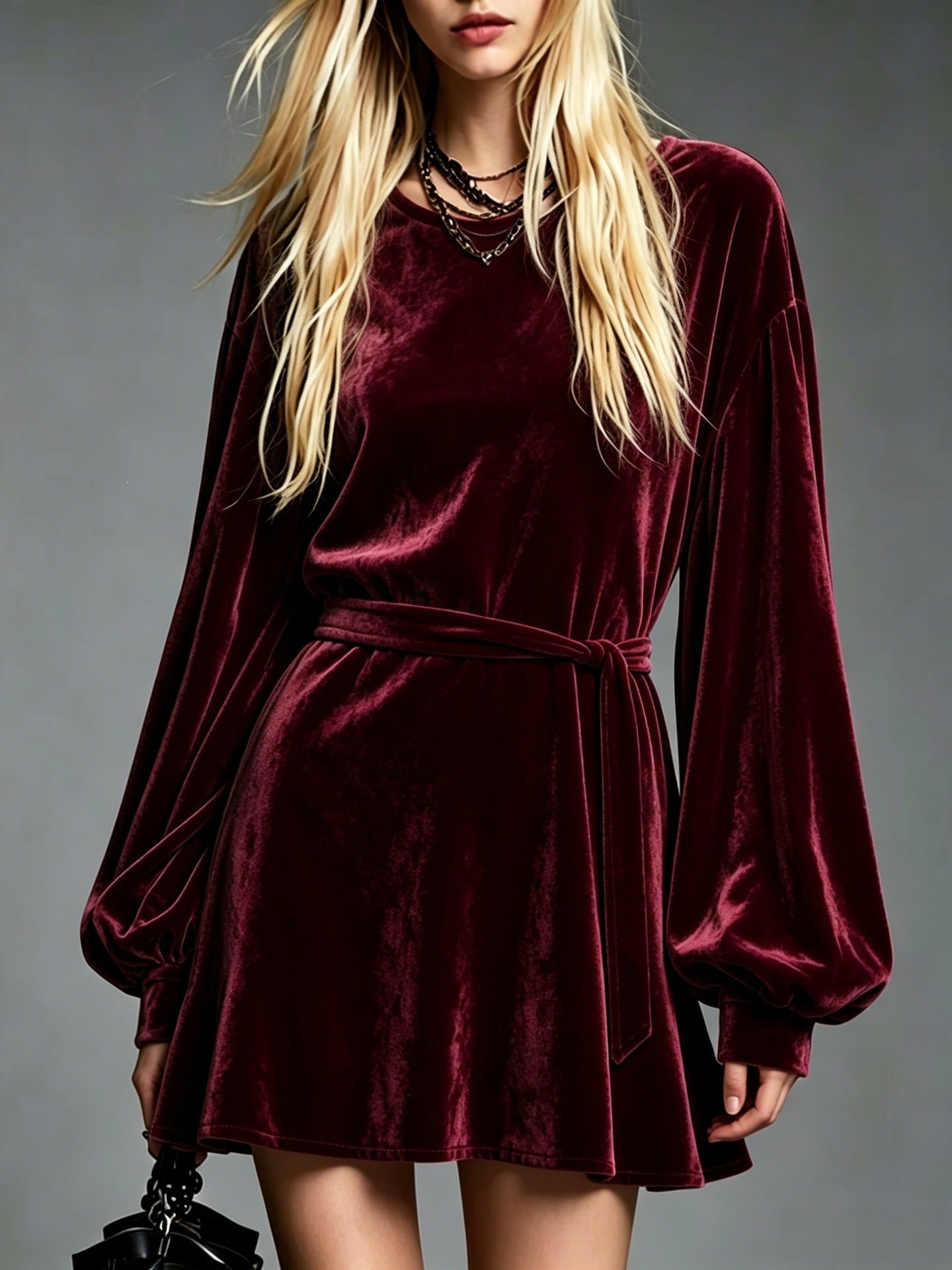 Velvet Tie‑Waist Balloon Long Sleeve Mini Dress