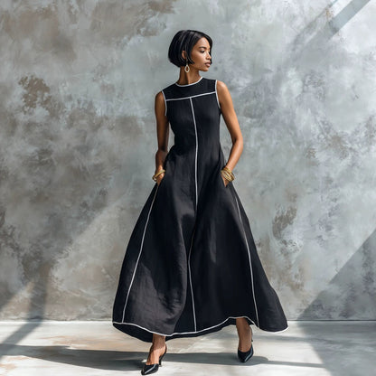 Contrast Stitching Sleeveless Linen Maxi Dress