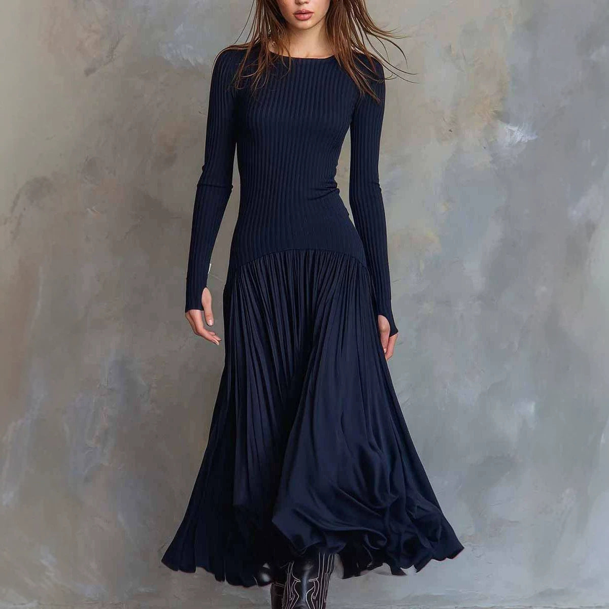 Slim Ribbed Knit Maxi Dress Women Long Sleeve Elegant Evening Long Dress