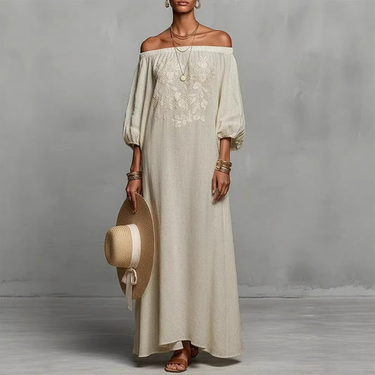 Linen Off Shoulder Floral Embroidery Balloon Sleeve Maxi Dress