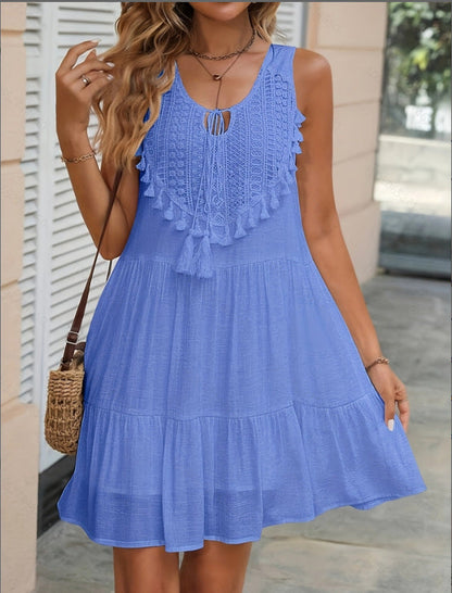 Crochet Lace Tassel‑Trim Sleeveless Tiered Mini Dress