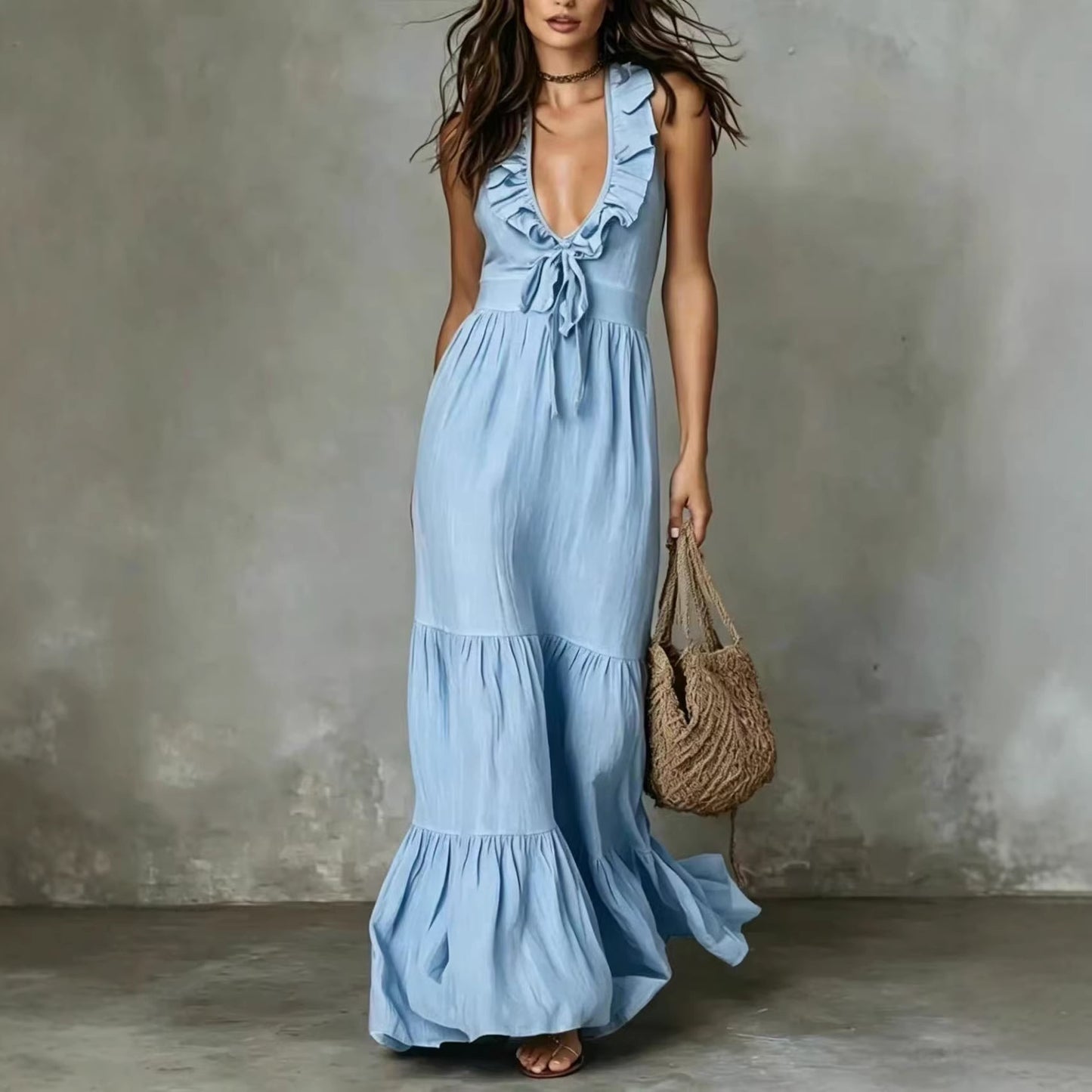 Loose Casual Deep V Ruffled Sleeveless Long Skirt Dress