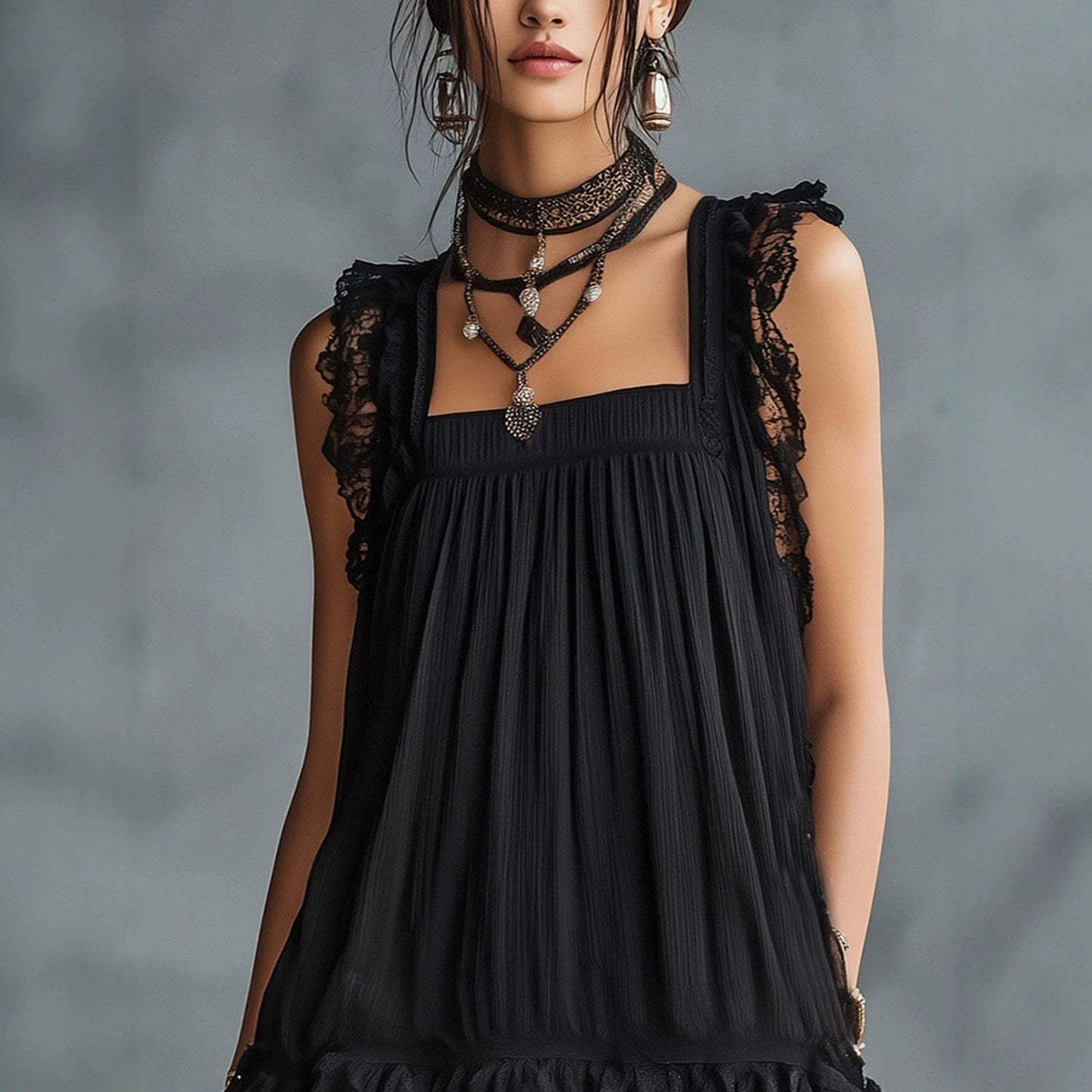 Black Lace Trim Polka‑Dot Layered Chiffon Midi Dress