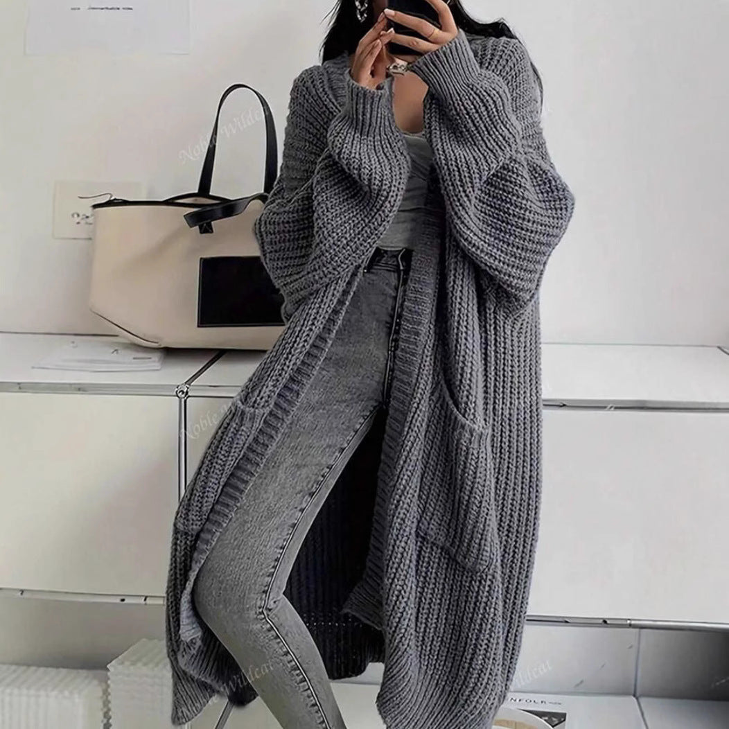 Women's Solid Chunky Knit Open Front Oversized Long Cardigan With Pockets