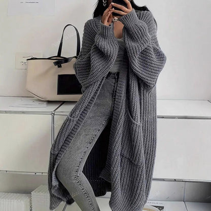 Women's Solid Chunky Knit Open Front Oversized Long Cardigan With Pockets