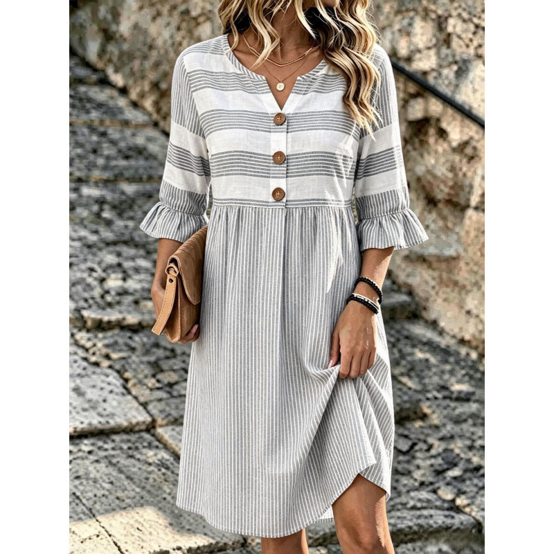 Stripe Mixed Print Linen‑Blend Midi Dress