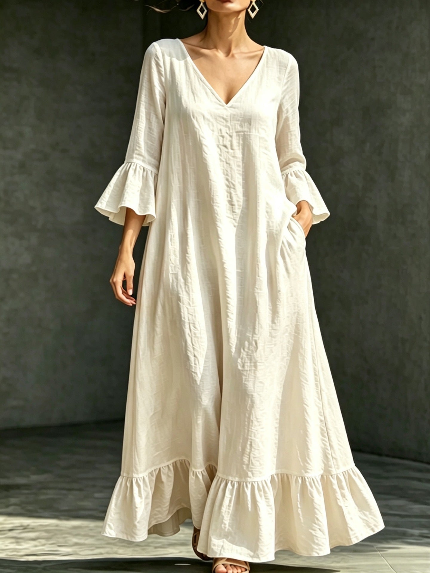 V‑Neck Ruffle Flare Sleeve Linen‑Blend Maxi Dress
