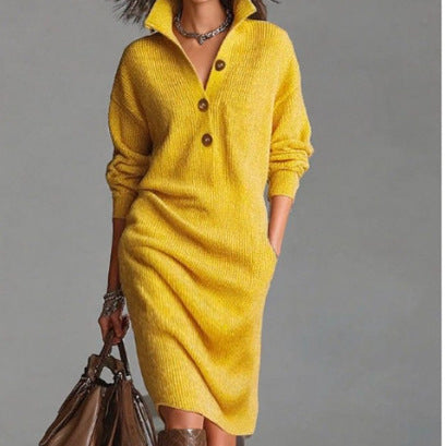 Women's Autumn Casual Lapel Button Loose Mid-Length Sweater Dress