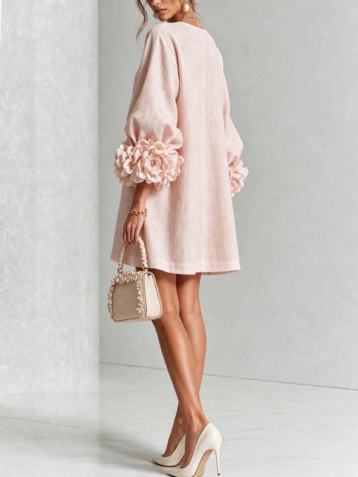 3D Floral Cuff Linen Mini Dress