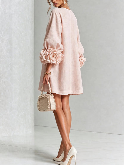3D Floral Cuff Linen Mini Dress