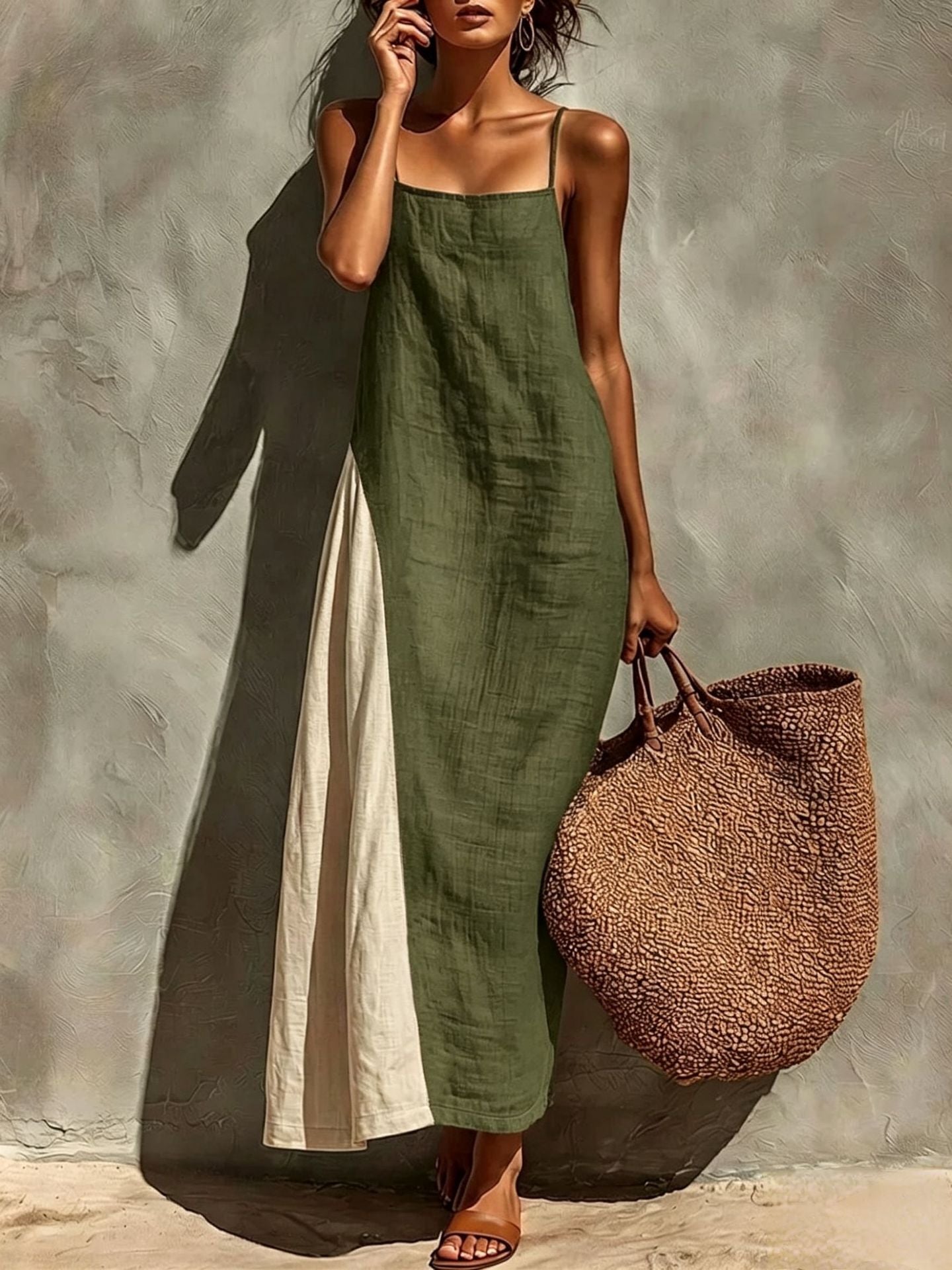 Block Spaghetti Strap Linen Asymmetrical Maxi Dress
