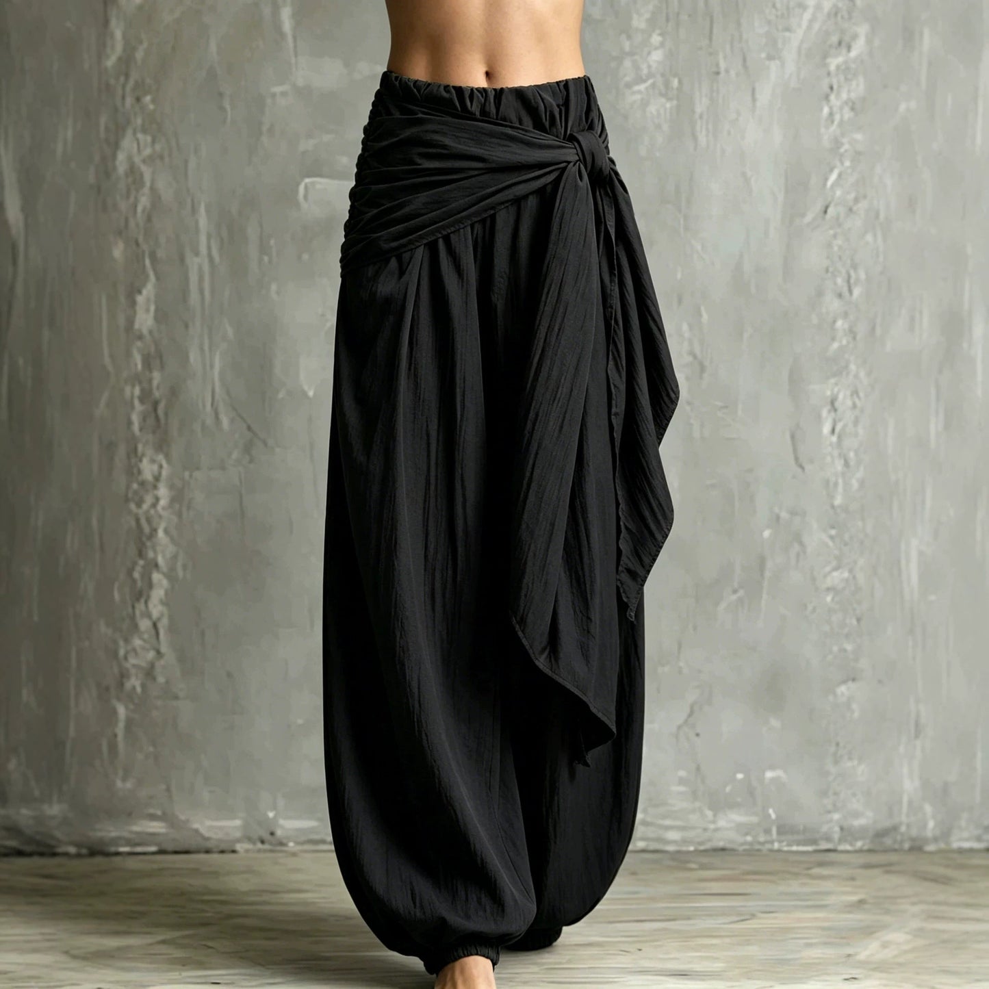 Vintage Wrap Tie Harem Pants, Loose Crinkle Cotton Linen Jogger Trousers