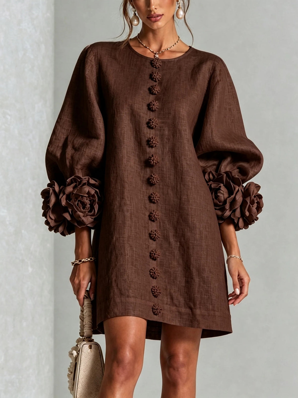 3D Floral Cuff Linen Mini Dress