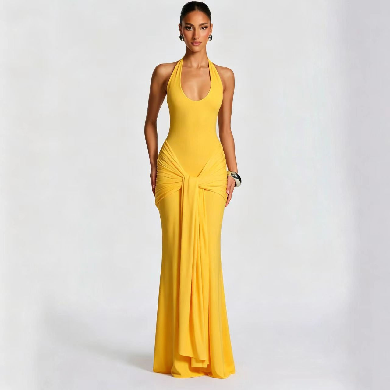 Halter Ruched Draped Mermaid Maxi Evening Dress