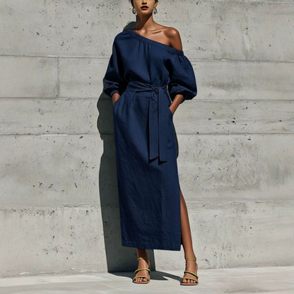 Linen One Shoulder Balloon Sleeve Self Tie Waist Side Slit Midi Dress