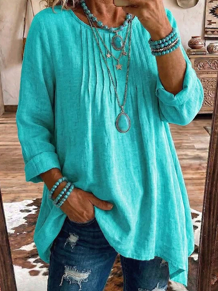 Women's Solid Linen Round Neck Pleated 3/4 Sleeve Loose Tunic Blouse