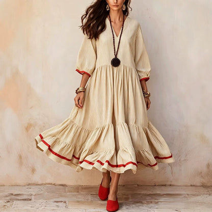 Stripe Red‑Trim Tiered Linen‑Blend Maxi Dress