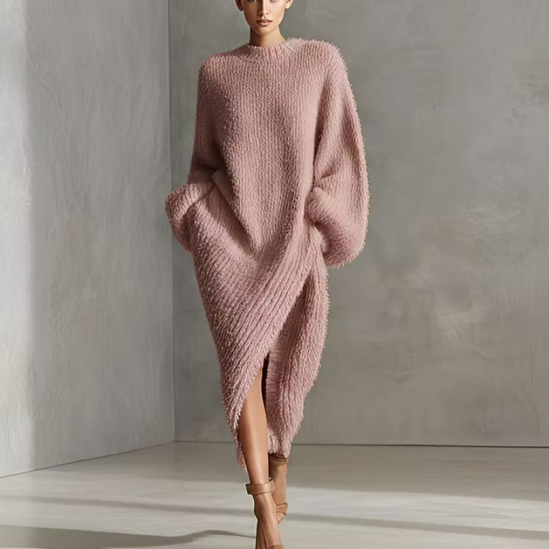 Women's Cream Textured Knit Oversized Long Sleeve Slit Maxi Sweater Dress