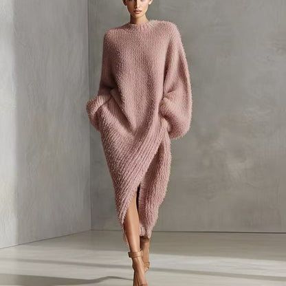 Women's Cream Textured Knit Oversized Long Sleeve Slit Maxi Sweater Dress