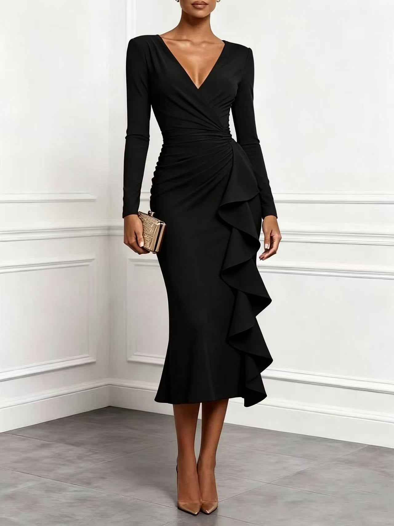 Women's Solid Blush‑Pink Wrap Ruffle Ruched Long‑Sleeve Midi Dress