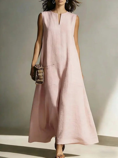 Linen Sleeveless Split Neck Pocket Tent Maxi Dress
