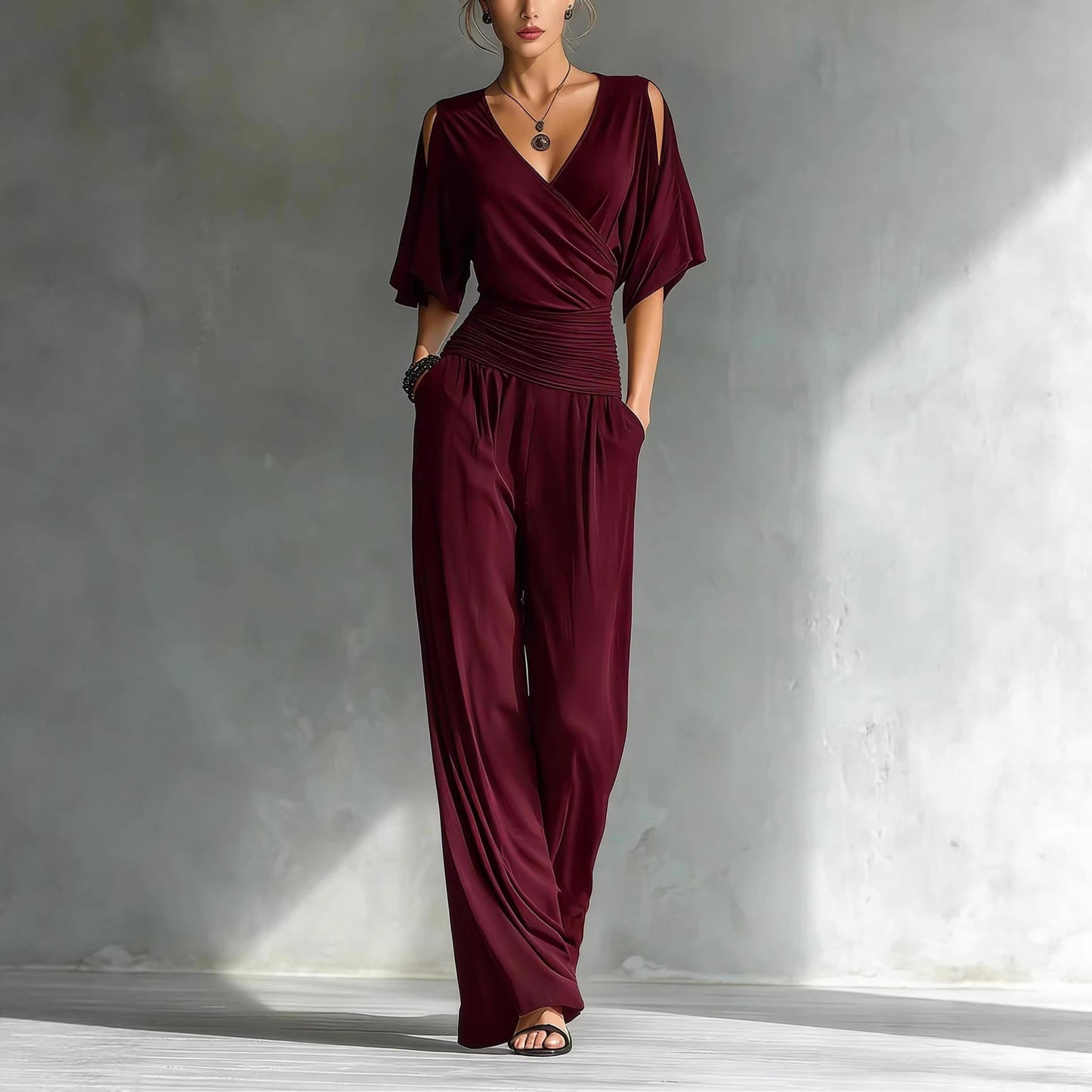 Cold Shoulder Wrap V Ruched Waist Wide Leg Jumpsuit