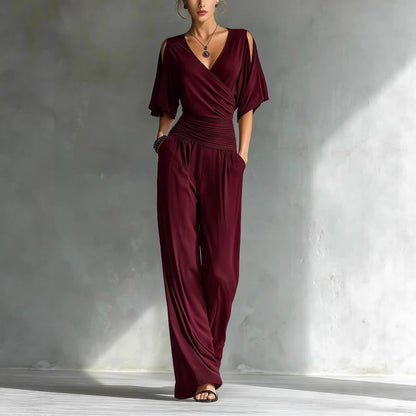 Cold Shoulder Wrap V Ruched Waist Wide Leg Jumpsuit