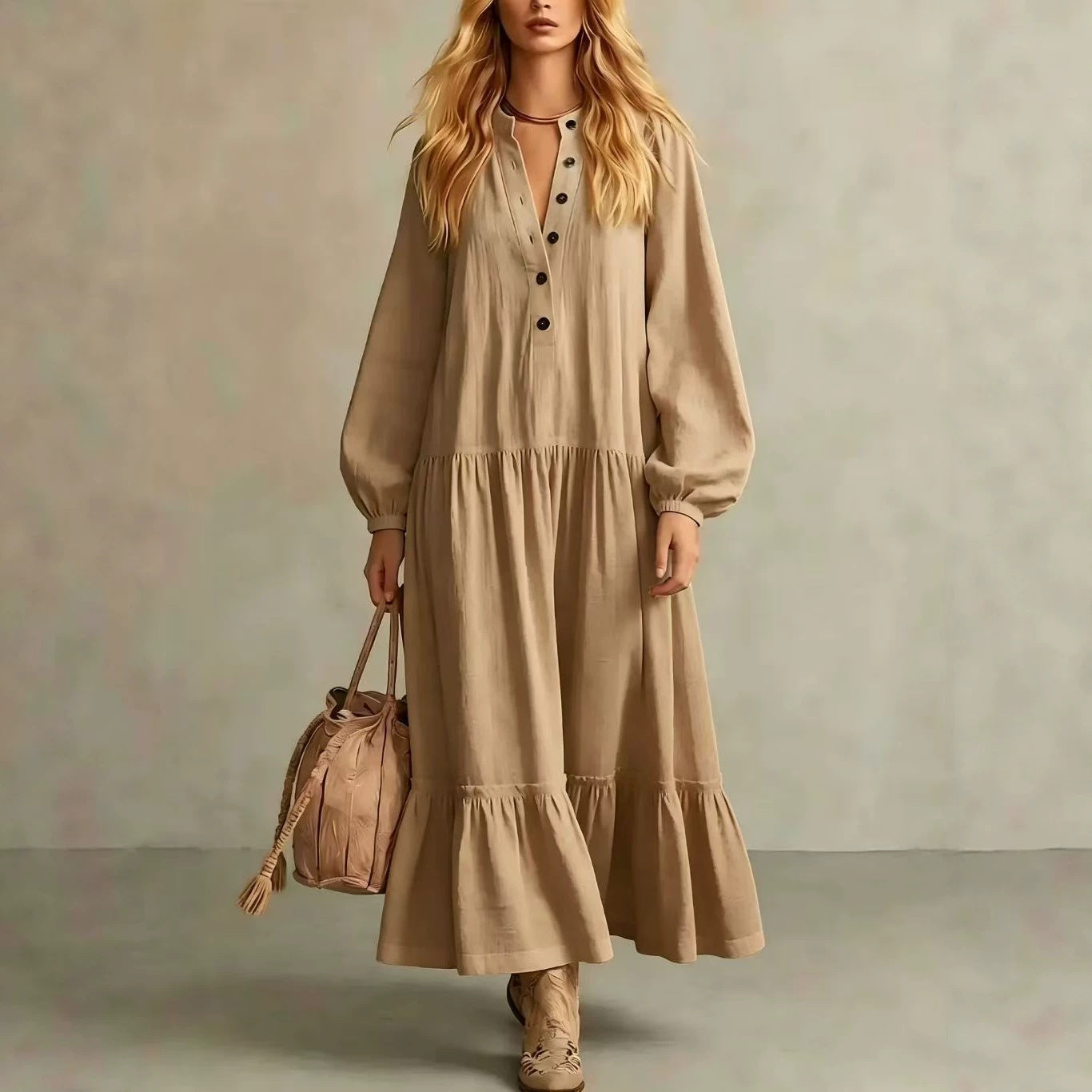 Crinkled Half Button Balloon Sleeve Tiered Ruffle Maxi Dress