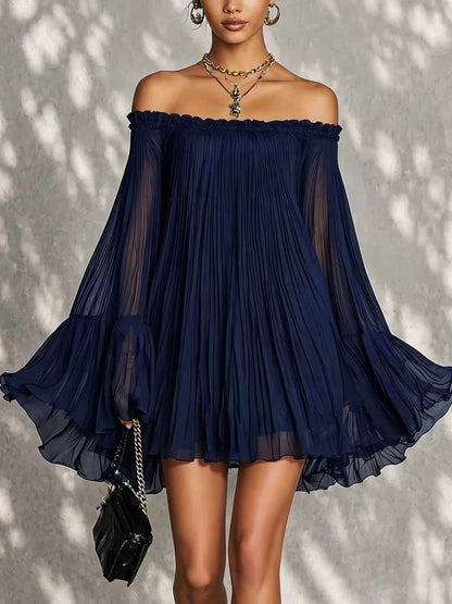 Off‑Shoulder Pleated Chiffon Bell‑Sleeve Mini Dress