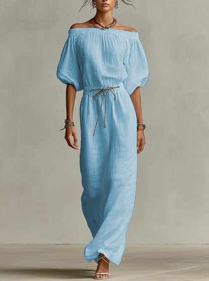 Off‑The‑Shoulder Linen‑Blend Maxi Dress