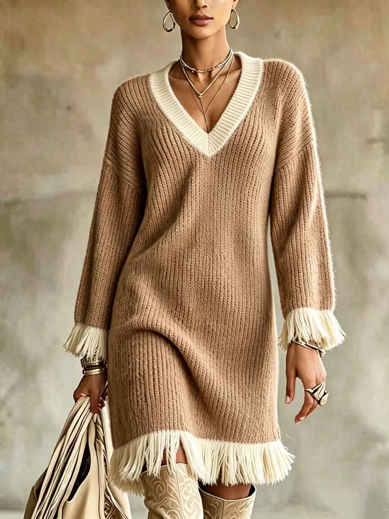 Women Color‑Block Knit Sweater Dress, V‑Neck Long Sleeve Fringe Trim Cuff & Hem Loose Fall Winter Mini Dress