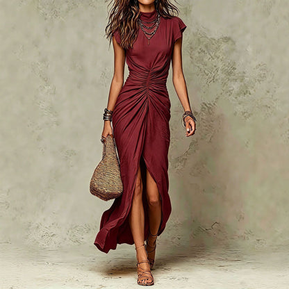 High‑Neck Cap Sleeve Ruched Front Slit Maxi Dress