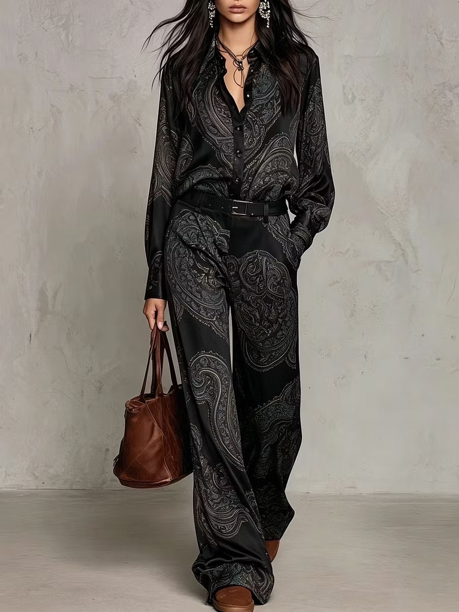 Printed Long-Sleeve Shirt And Wide-Leg Trousers Set
