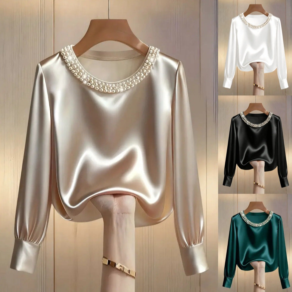 womens luxe satin pearl collar blouse fitting long