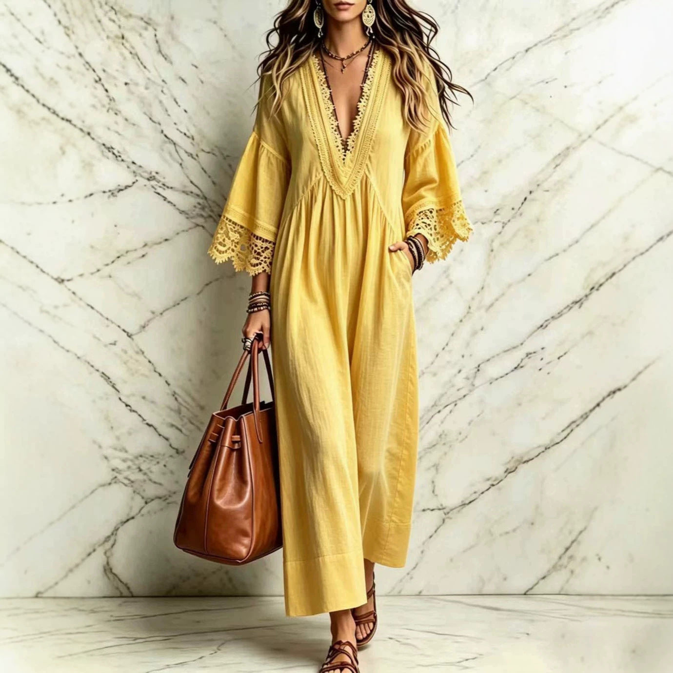 Boho Lace V‑Neck Maxi Dress Women Loose 3/4 Sleeve Beach Vacation Long Gown