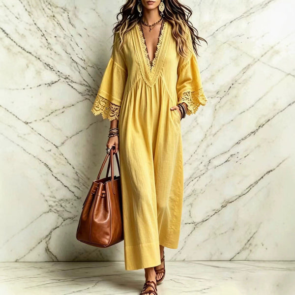 Boho Lace V‑Neck Maxi Dress Women Loose 3/4 Sleeve Beach Vacation Long Gown