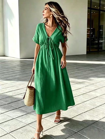 Crinkle‑Textured Tie‑Front V‑Neck Midi Dress