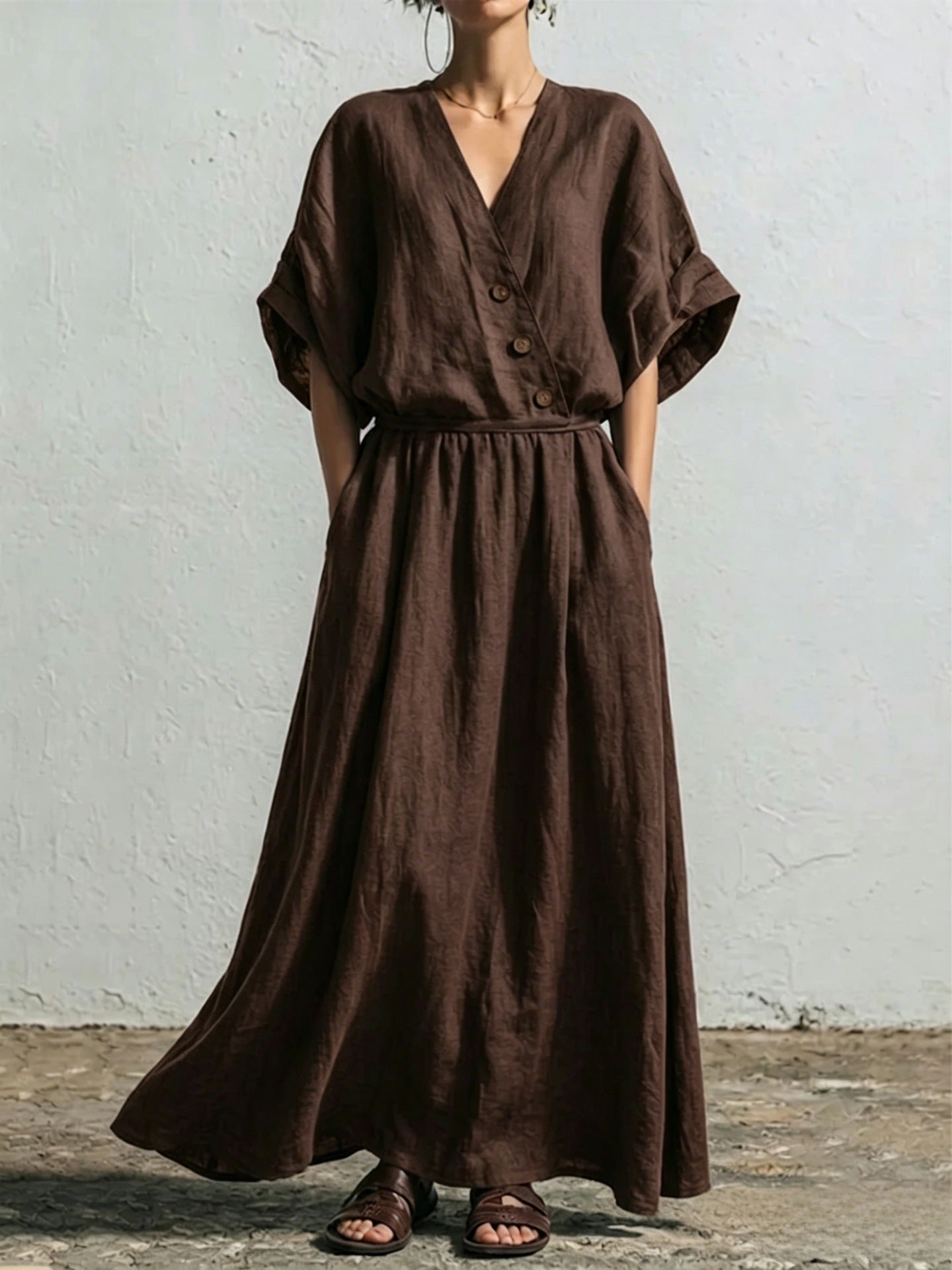 Belted Wrap Linen Blend Pocket Maxi Dress