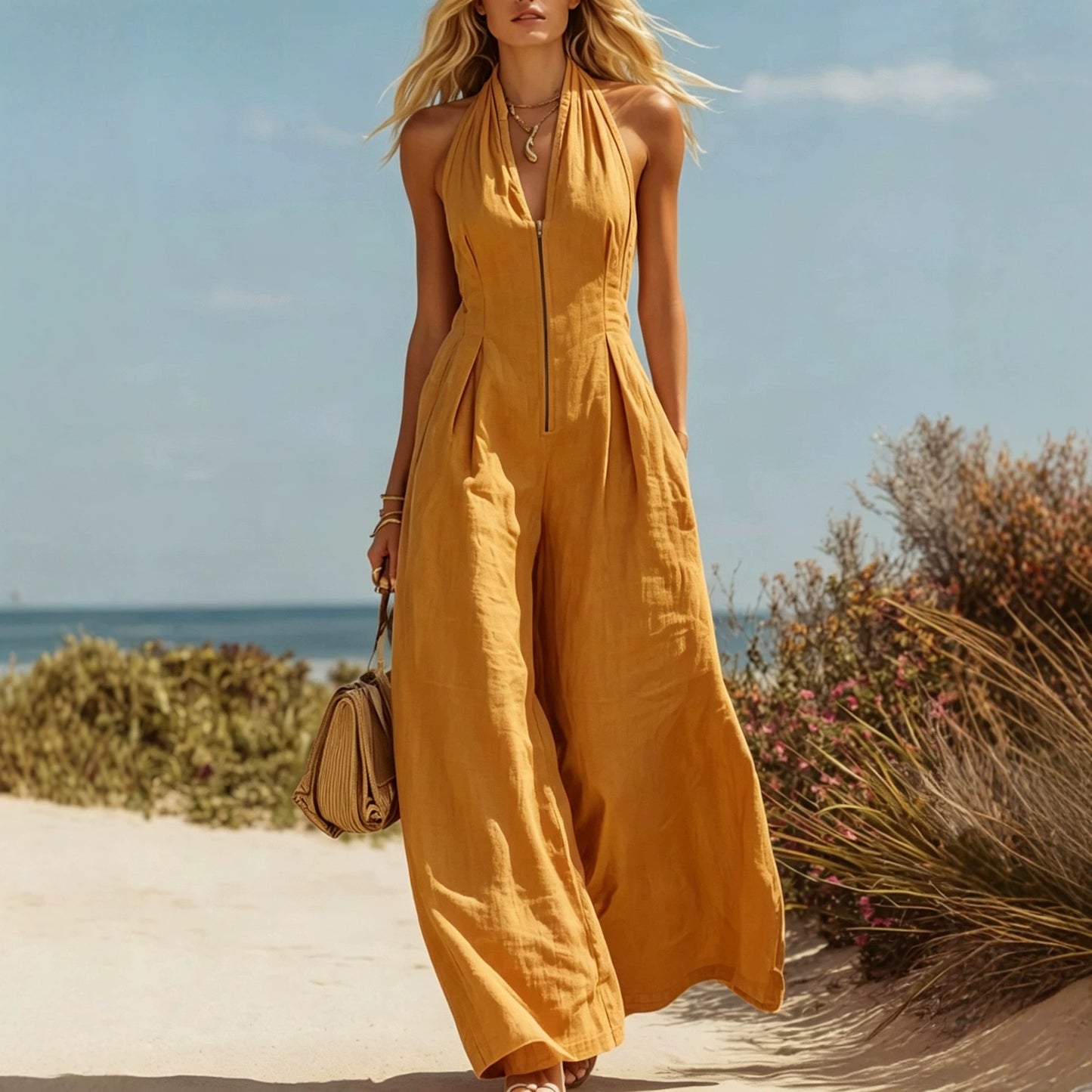 Halter Zip Front Wide Leg Linen Vacation Jumpsuit