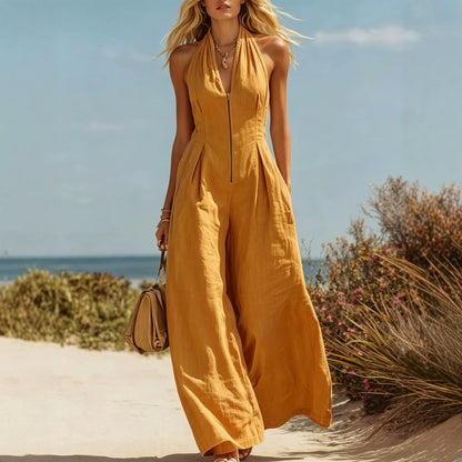 Halter Zip Front Wide Leg Linen Vacation Jumpsuit