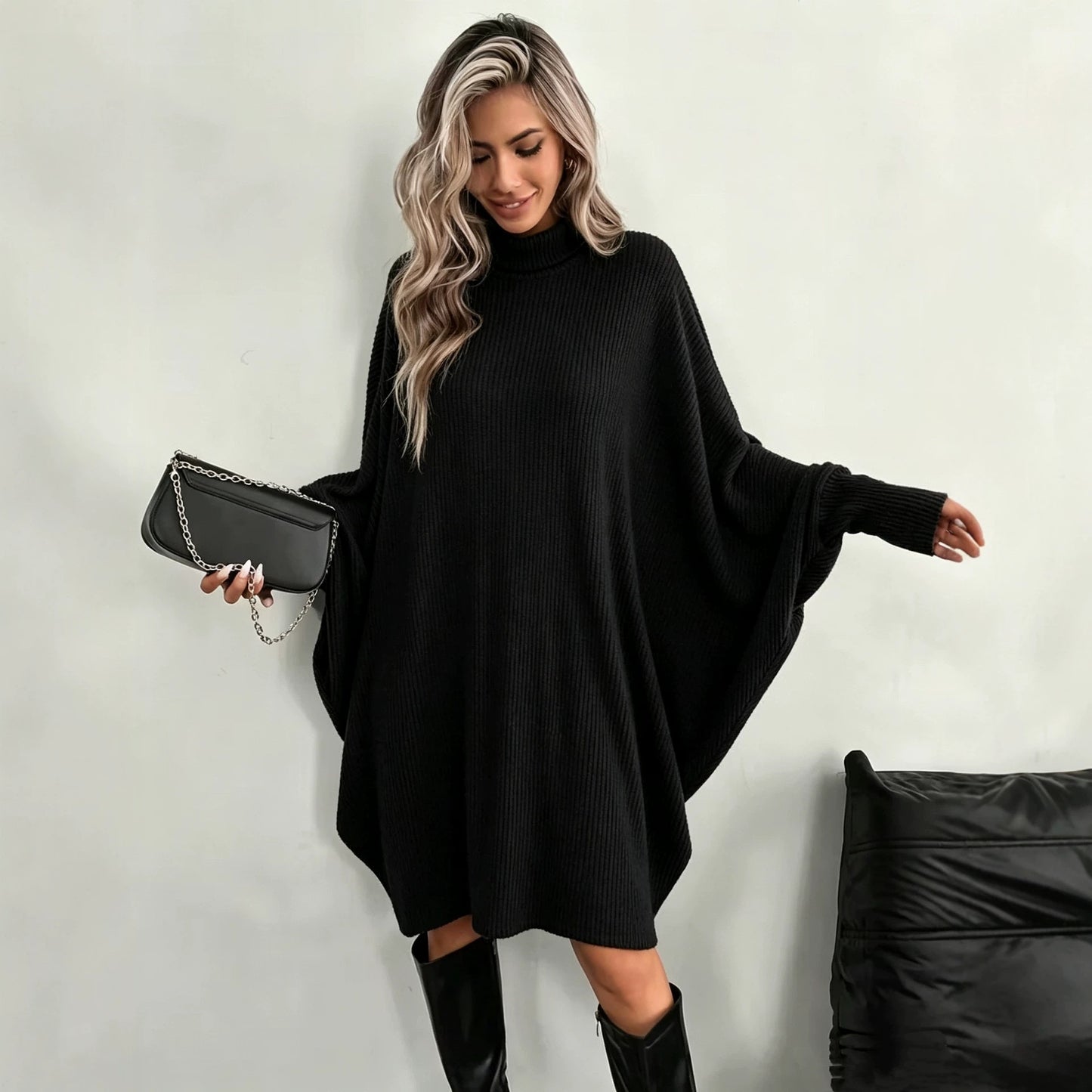 Mock Neck Batwing Ribbed Knit Tunic Dress